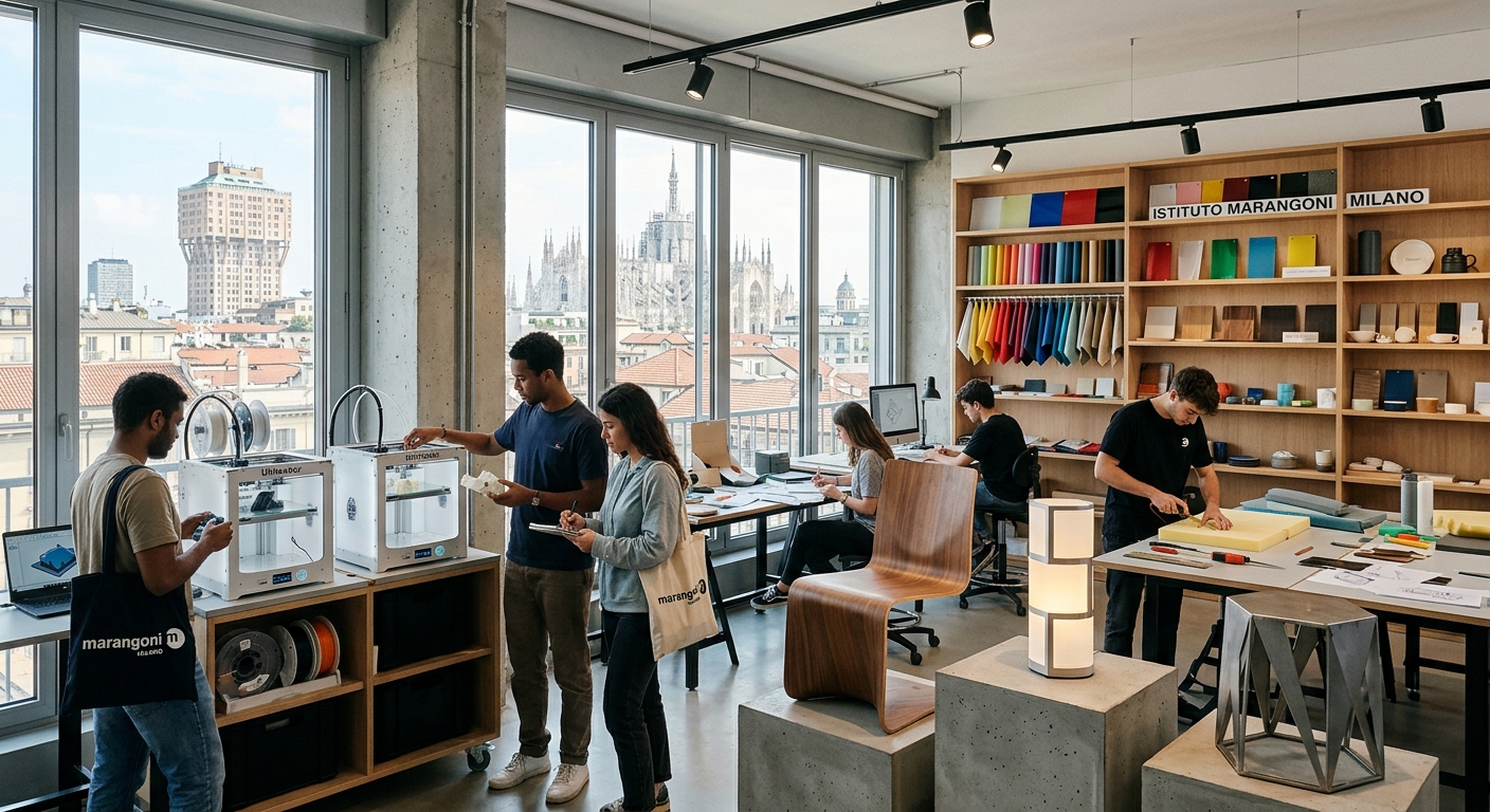 Modern Italian design studio at Istituto Marangoni Milano, students working on product prototypes with 3D printers, material samples on display shelves, large windows with Milan cityscape, contemporary furniture pieces exhibited in foreground