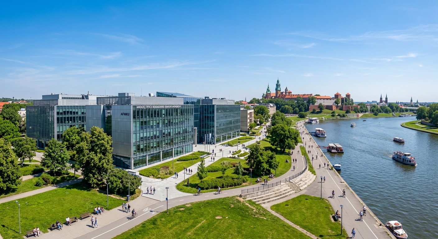 Andrzej Frycz Modrzewski Krakow University modern campus buildings with glass facades along the Vistula River bank, green lawns and walkways, Krakow cityscape in background, clear blue sky