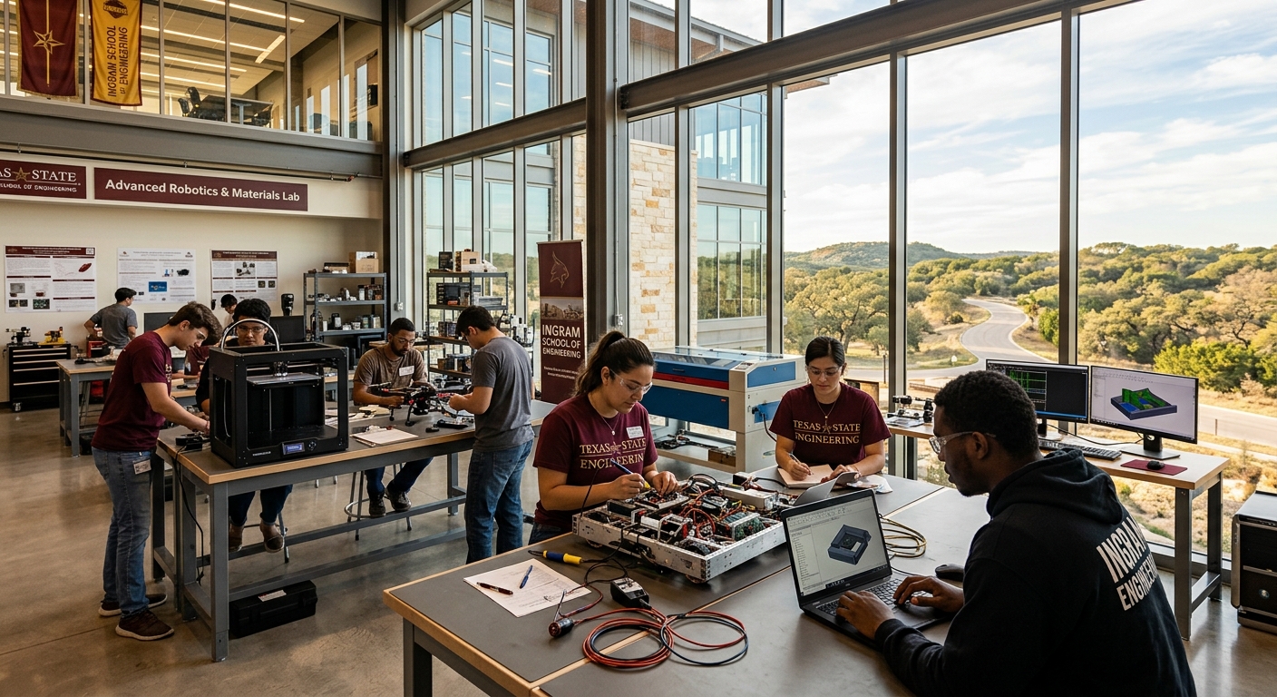 Texas State University Ingram School of Engineering building in San Marcos Texas, modern engineering laboratories with students working on technical projects, warm natural light and Hill Country landscape in background