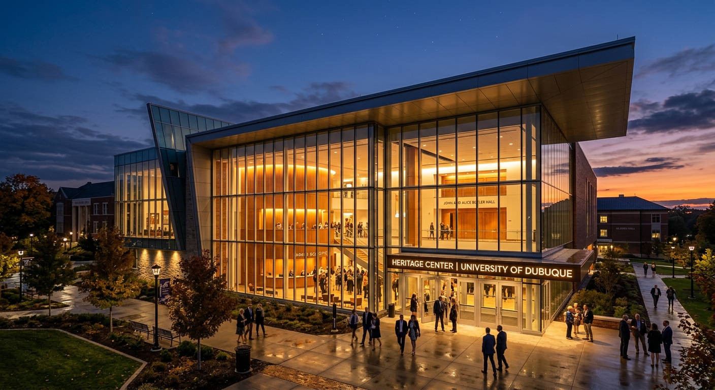 Heritage Center at the University of Dubuque, a modern performing arts venue with glass facade and warm interior lighting at dusk