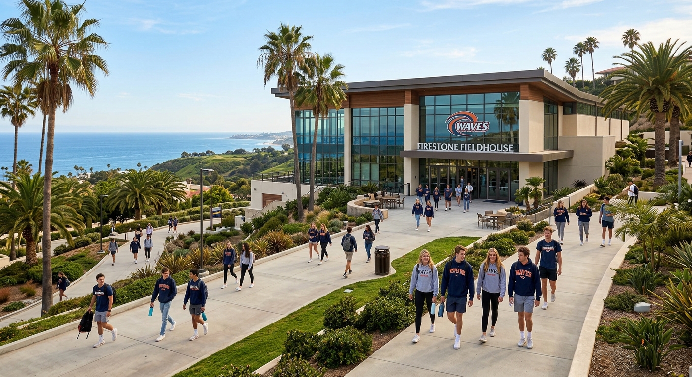 Pepperdine University Firestone Fieldhouse exterior, modern athletic facility with palm trees, students walking on pathways, ocean views in the distance