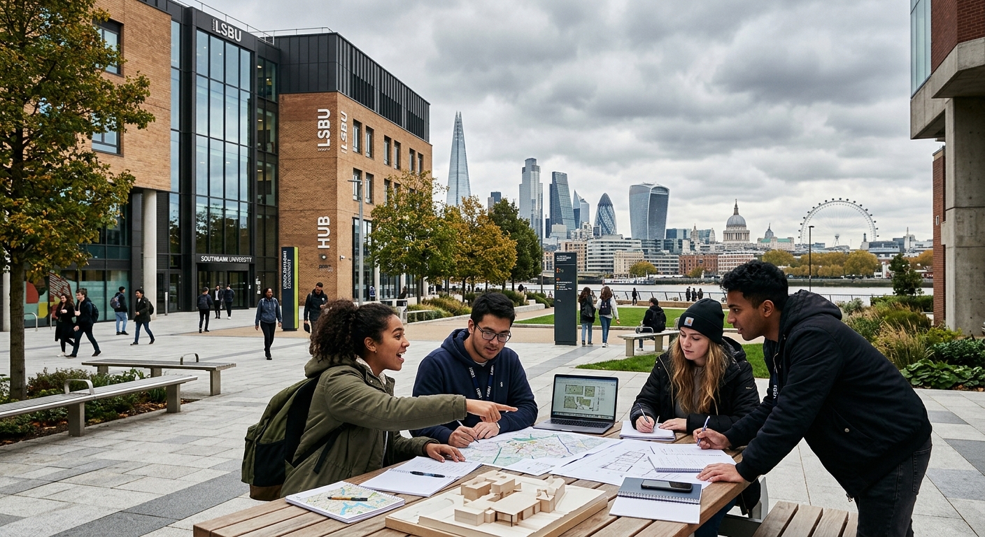 London South Bank University Southwark campus with modern architecture, urban planning students collaborating outdoors, London skyline visible in the background, overcast sky typical of England
