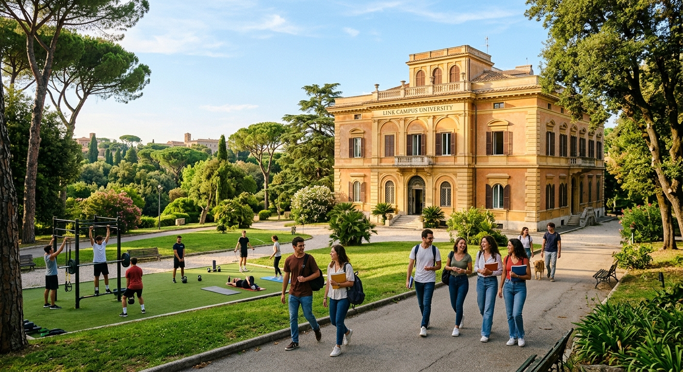 Historic campus of Link Campus University in Rome with green park surroundings, students walking near classical Italian manor building, sports equipment and outdoor training area visible in background, warm Mediterranean sunlight