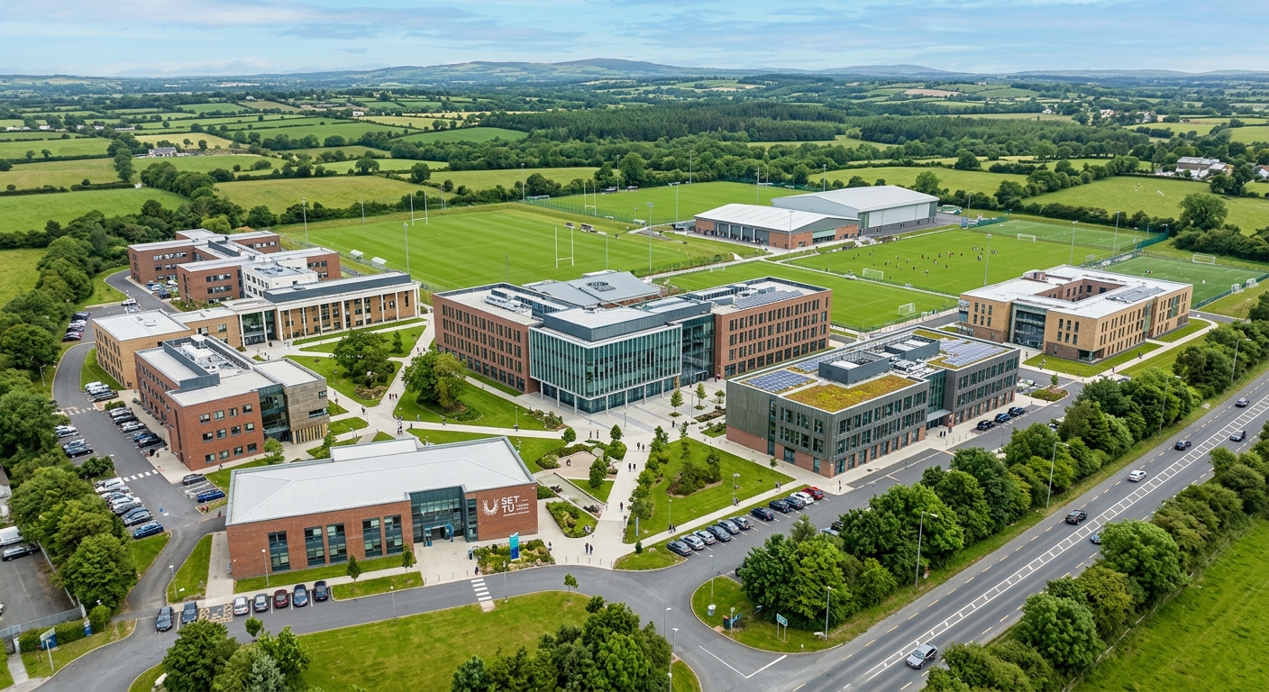 SETU Carlow Kilkenny Road Campus, sprawling 30-hectare campus with 16 buildings, playing pitches, modern architecture set in Irish countryside