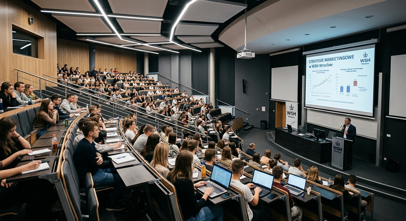 Interior of a modern lecture hall at WSH Wroclaw with tiered seating, large projection screen, contemporary lighting, and multimedia equipment