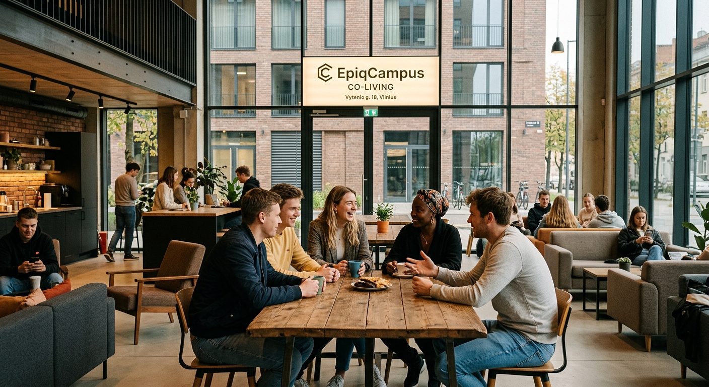 EpiqCampus Co-Living student residence at Vytenio street Vilnius, modern student accommodation building, communal spaces, young international students socializing
