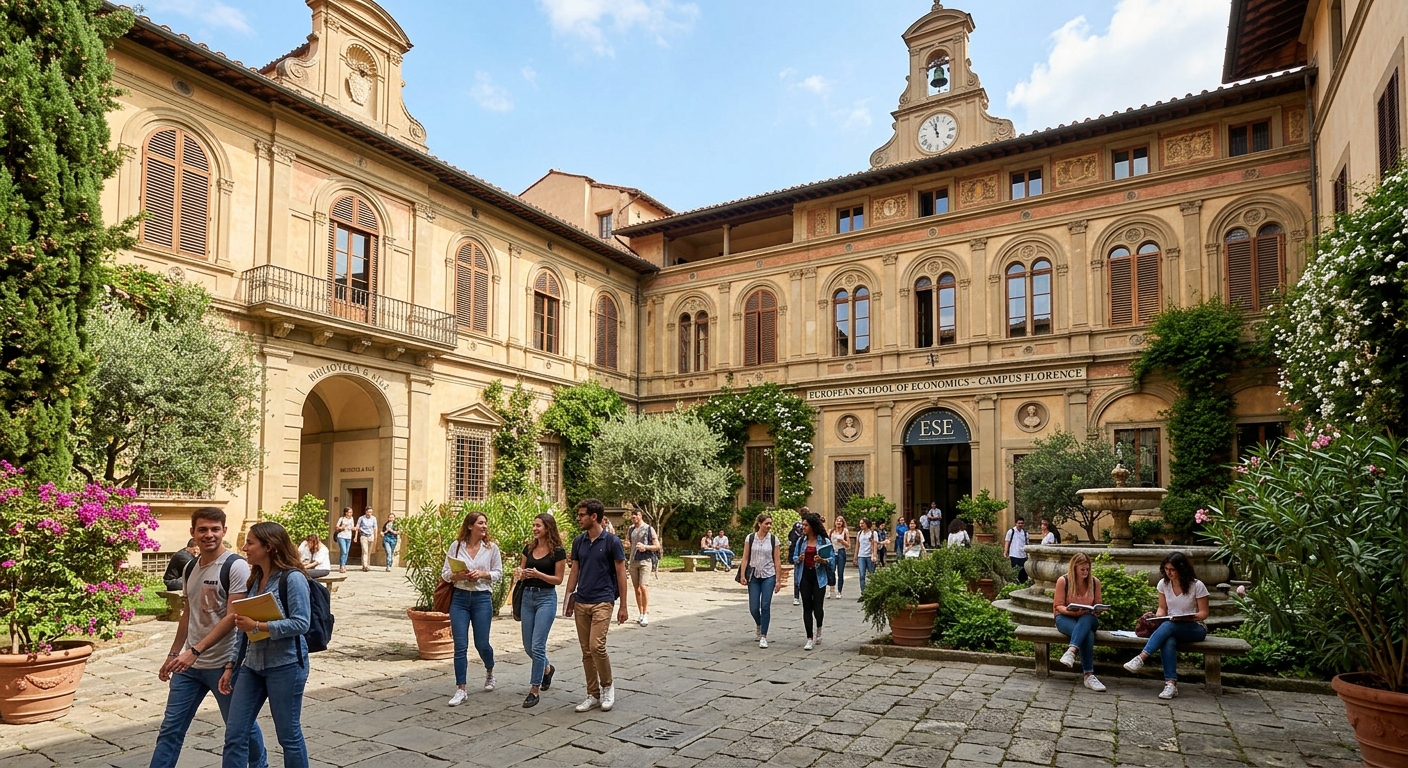 Historic European building housing the European School of Economics campus in Italy, with classical architecture, arched windows, and students walking through a sunlit courtyard surrounded by Mediterranean greenery