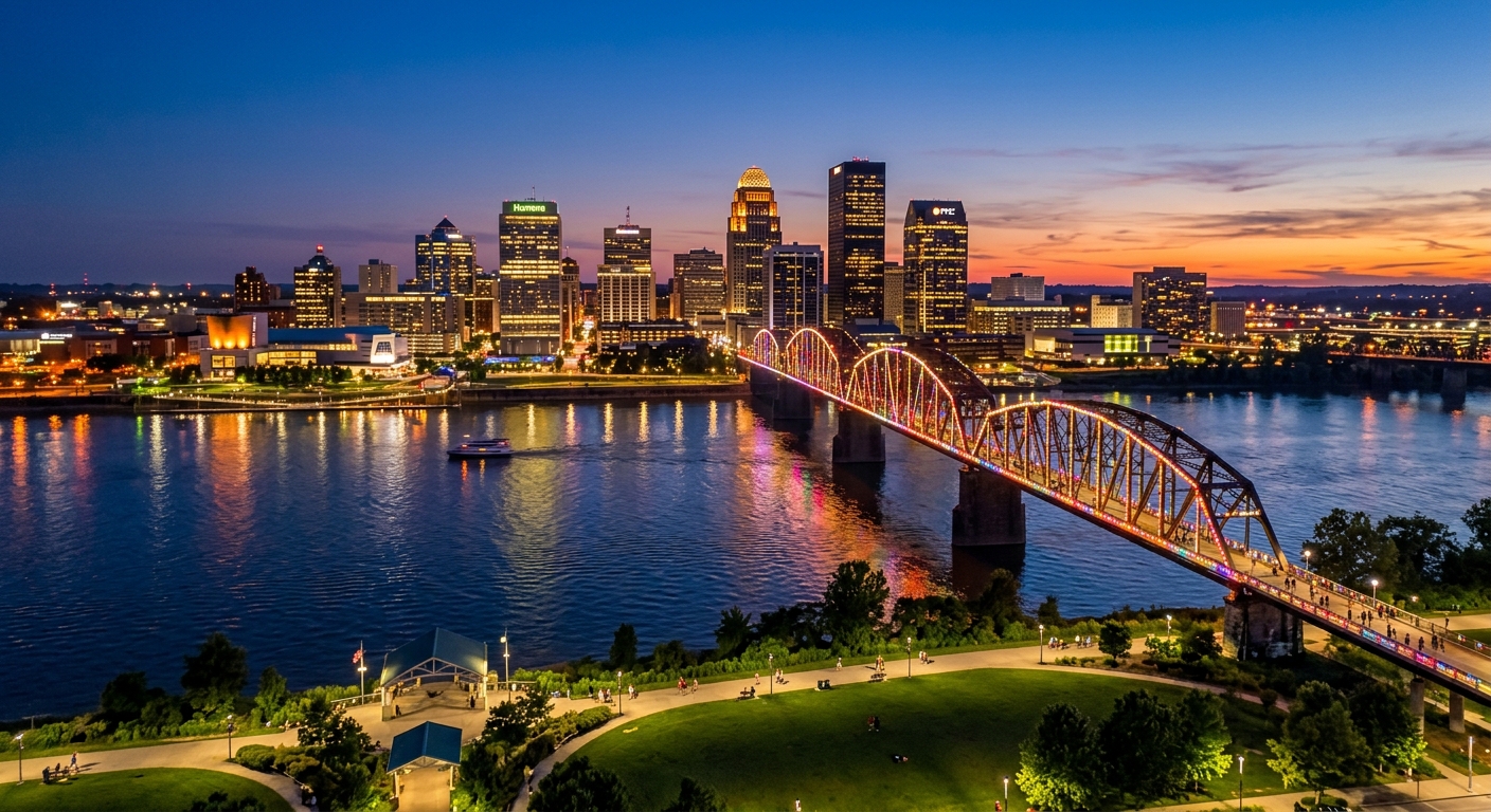 Louisville Kentucky downtown skyline at dusk, Ohio River waterfront, Big Four Bridge illuminated, city lights reflecting on water, green parks in foreground