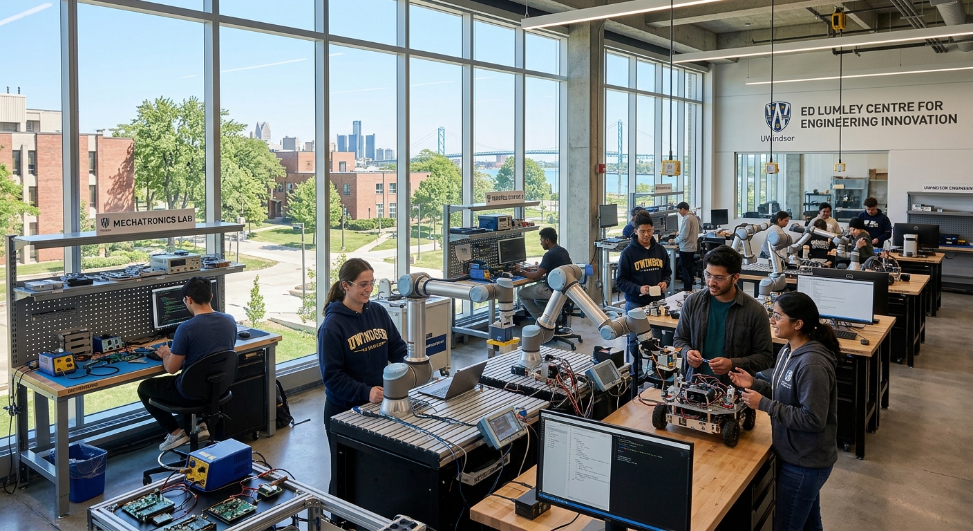 Modern engineering laboratory at the University of Windsor with students working on robotic arms and mechatronic systems, Ed Lumley Centre for Engineering Innovation building with large windows and natural light, Canadian campus setting