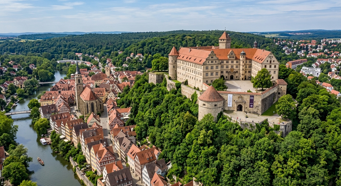 Schloss Hohentübingen castle perched on a hilltop overlooking the old town, with its Renaissance facade and ancient walls, surrounded by green trees and the university's Ancient Cultures museum inside