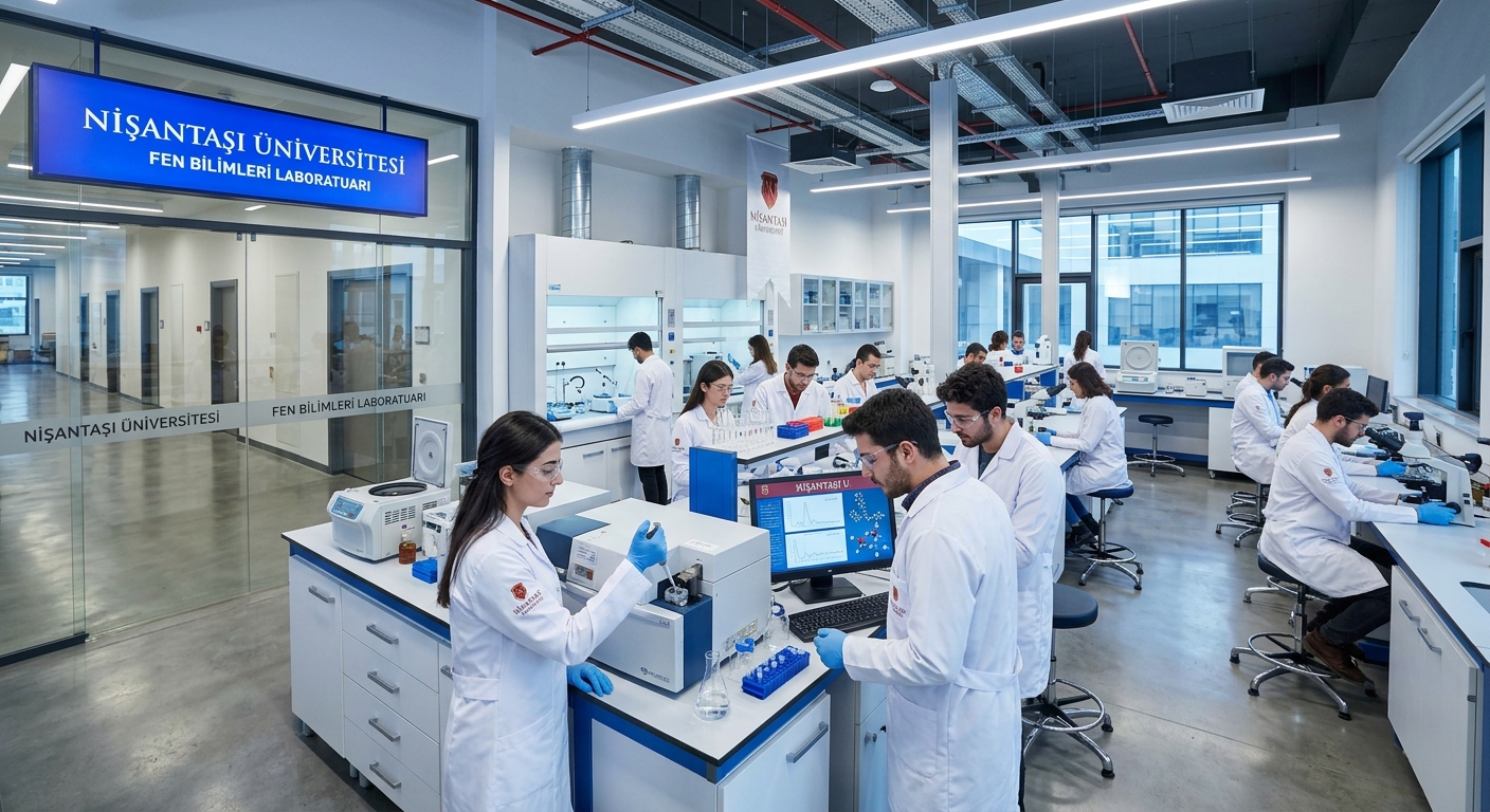 Nisantasi University modern laboratory interior, students working with scientific equipment, bright LED lighting, white and blue color scheme, clean contemporary design