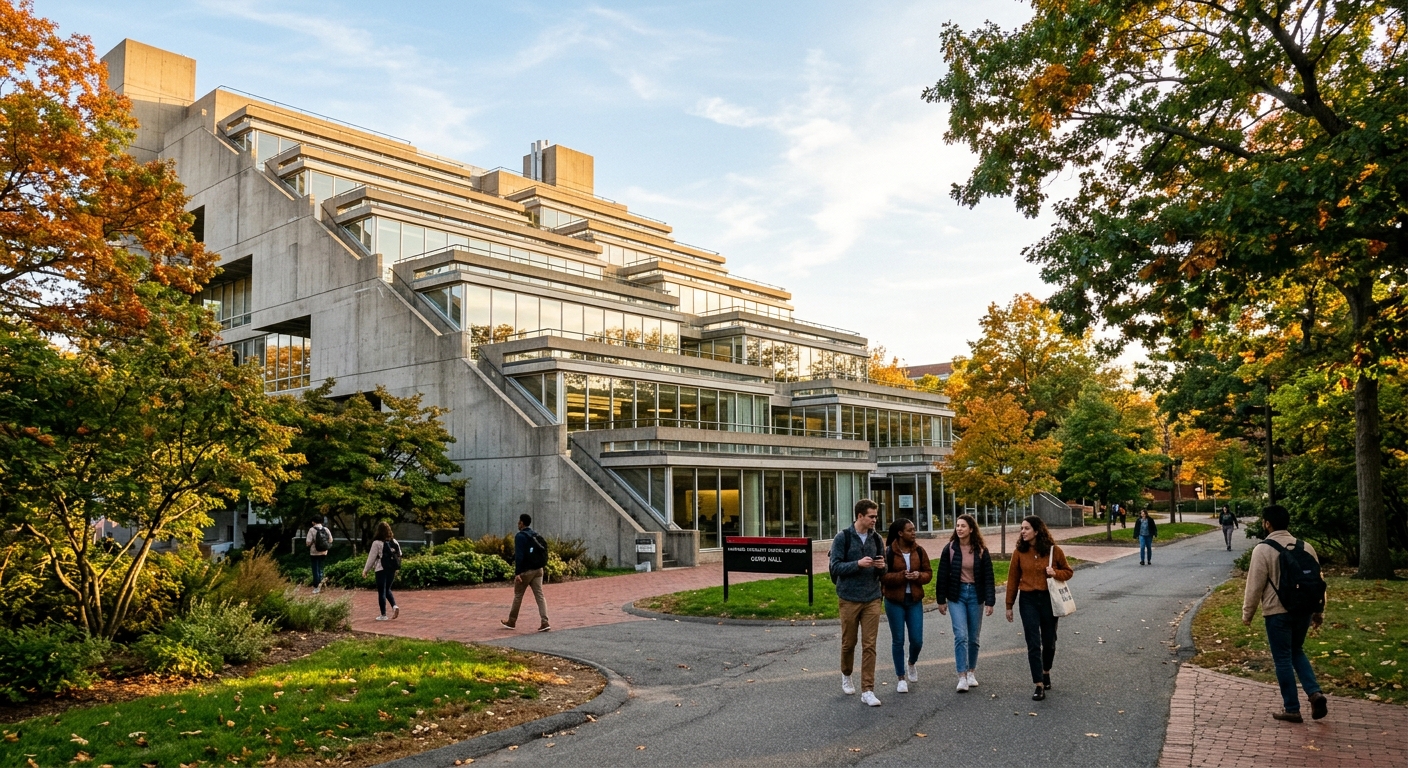 Harvard Graduate School of Design Gund Hall exterior with its iconic stepped concrete terraces and glass facade, students walking along paths surrounded by mature trees on the Cambridge Massachusetts campus, warm afternoon light
