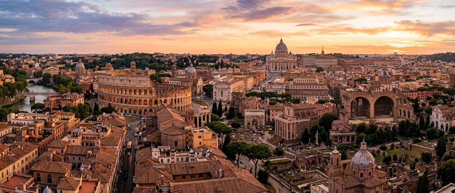Panoramic view of Rome skyline at golden hour, Colosseum and Roman Forum visible, terracotta rooftops, dome of St. Peter's Basilica in the distance, warm Mediterranean light