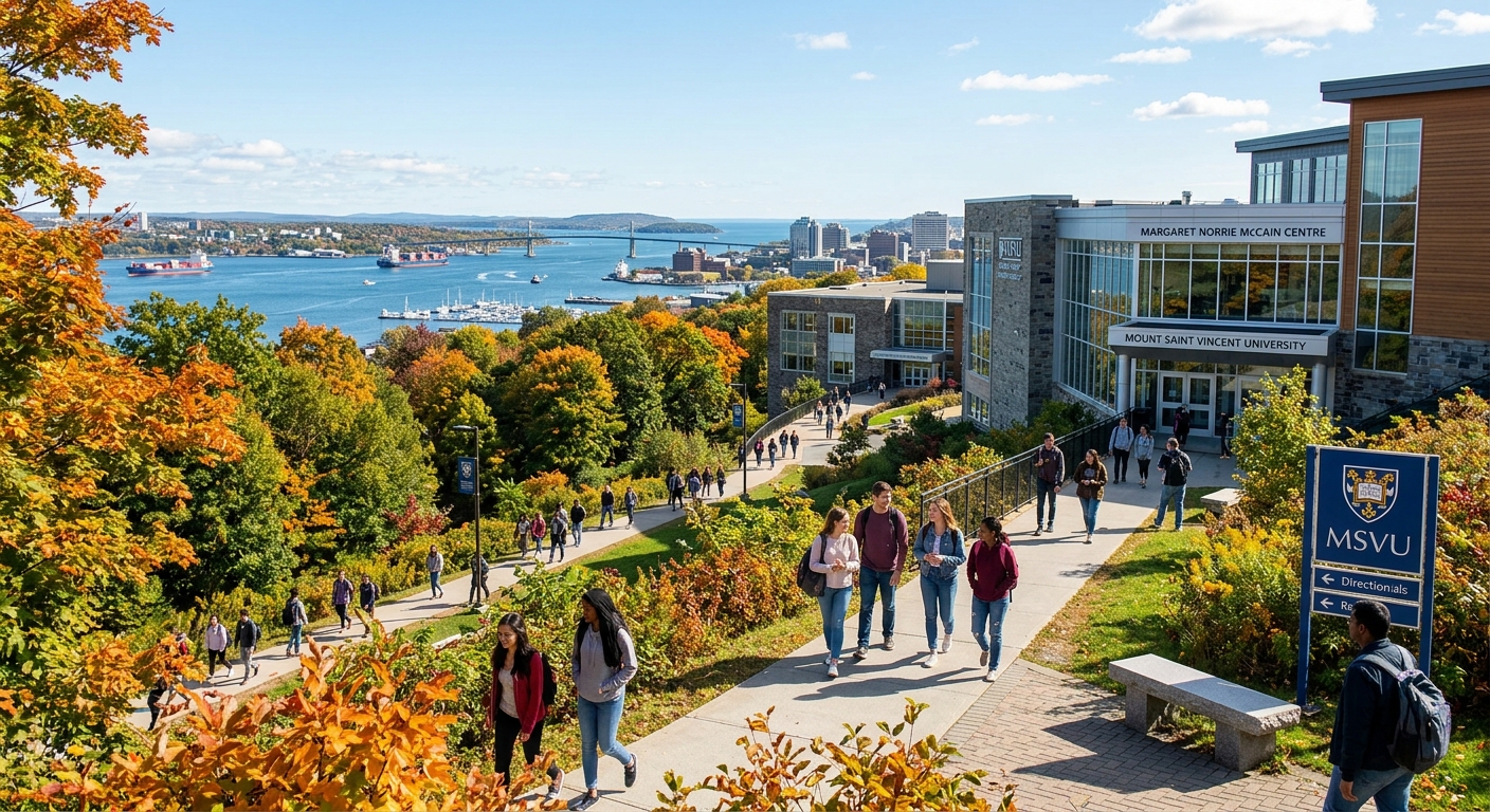 Mount Saint Vincent University campus in Halifax, Nova Scotia, with modern academic buildings surrounded by lush green trees overlooking Halifax Harbour, students walking along connected pathways on a bright autumn day
