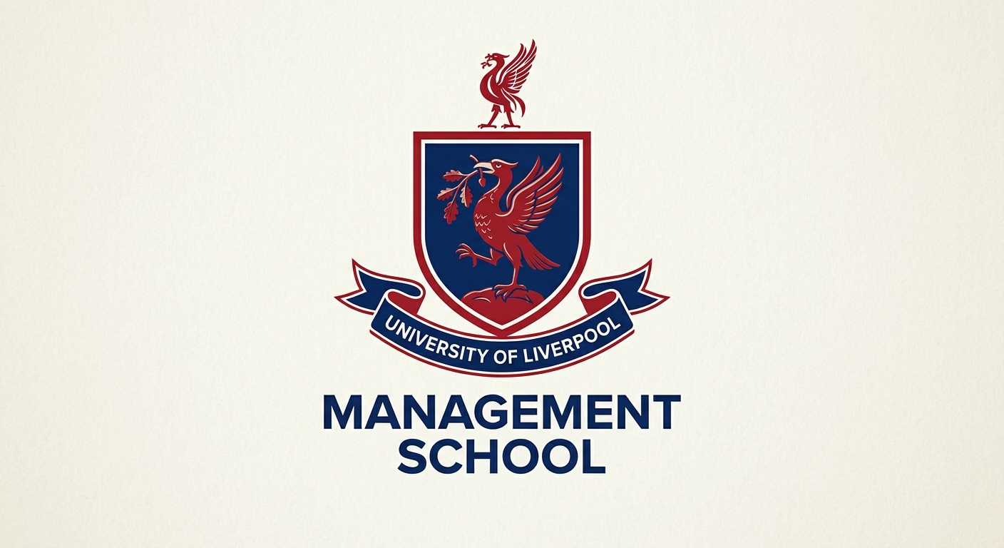 University of Liverpool Management School logo, shield crest with Liver bird emblem, dark blue and red color scheme, text reading University of Liverpool Management School