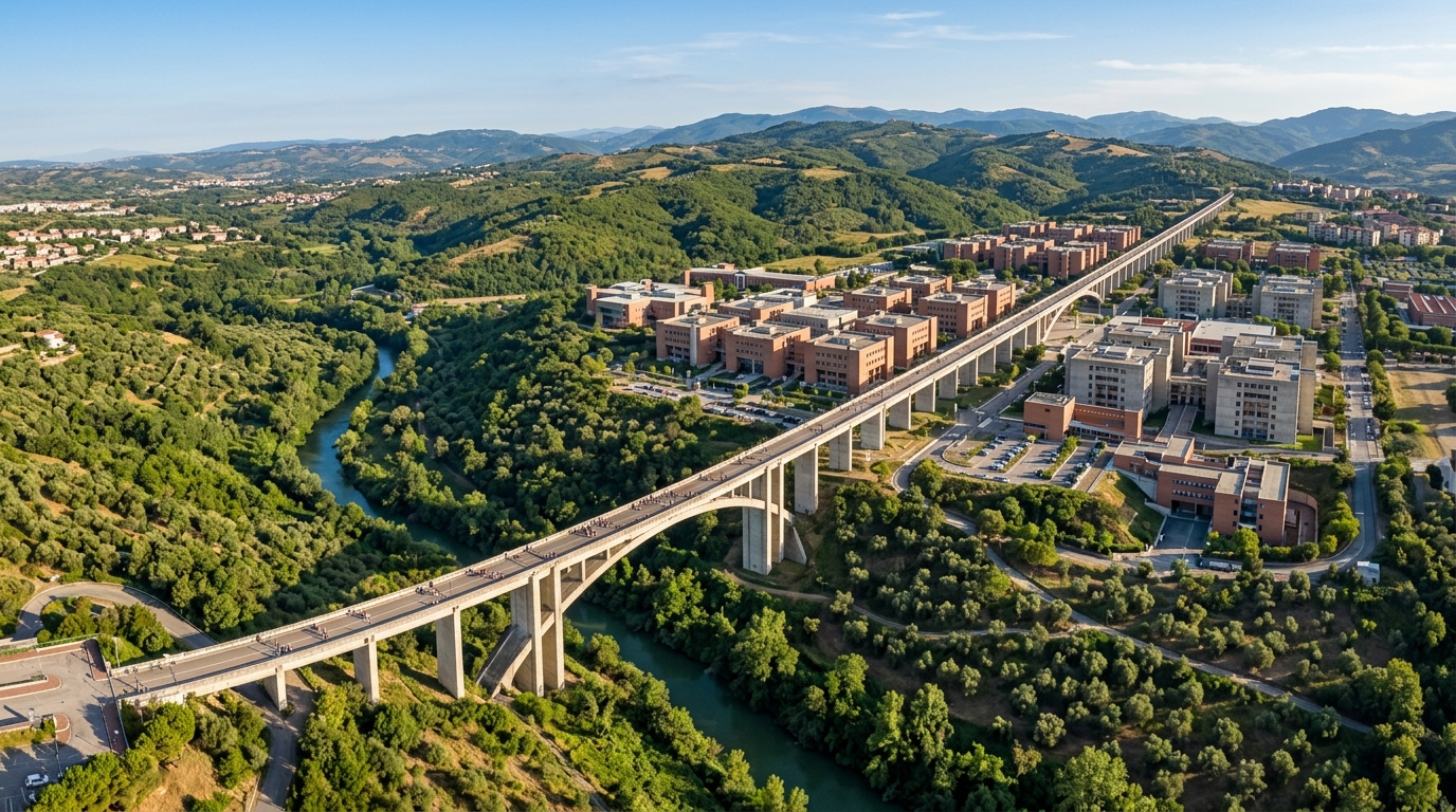 Aerial panoramic view of University of Calabria campus in Rende, Italy, showing the iconic two-kilometer-long Pietro Bucci bridge structure crossing the green Crati river valley, cube-shaped department buildings along the axis, lush Arcavacata hills, Mediterranean sunlight