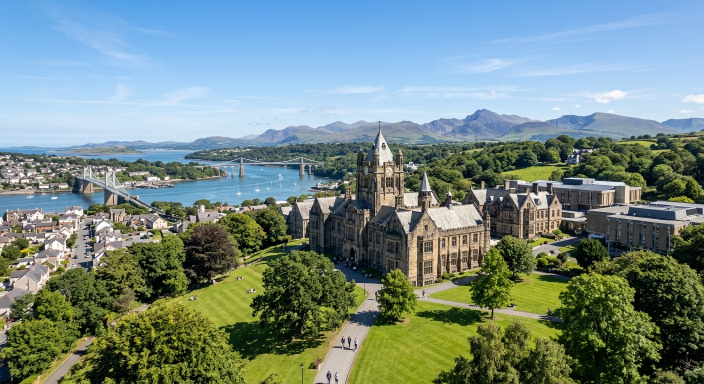 Bangor University campus in North Wales with historic stone buildings, green lawns, and the dramatic backdrop of Snowdonia mountains and the Menai Strait under a clear sky