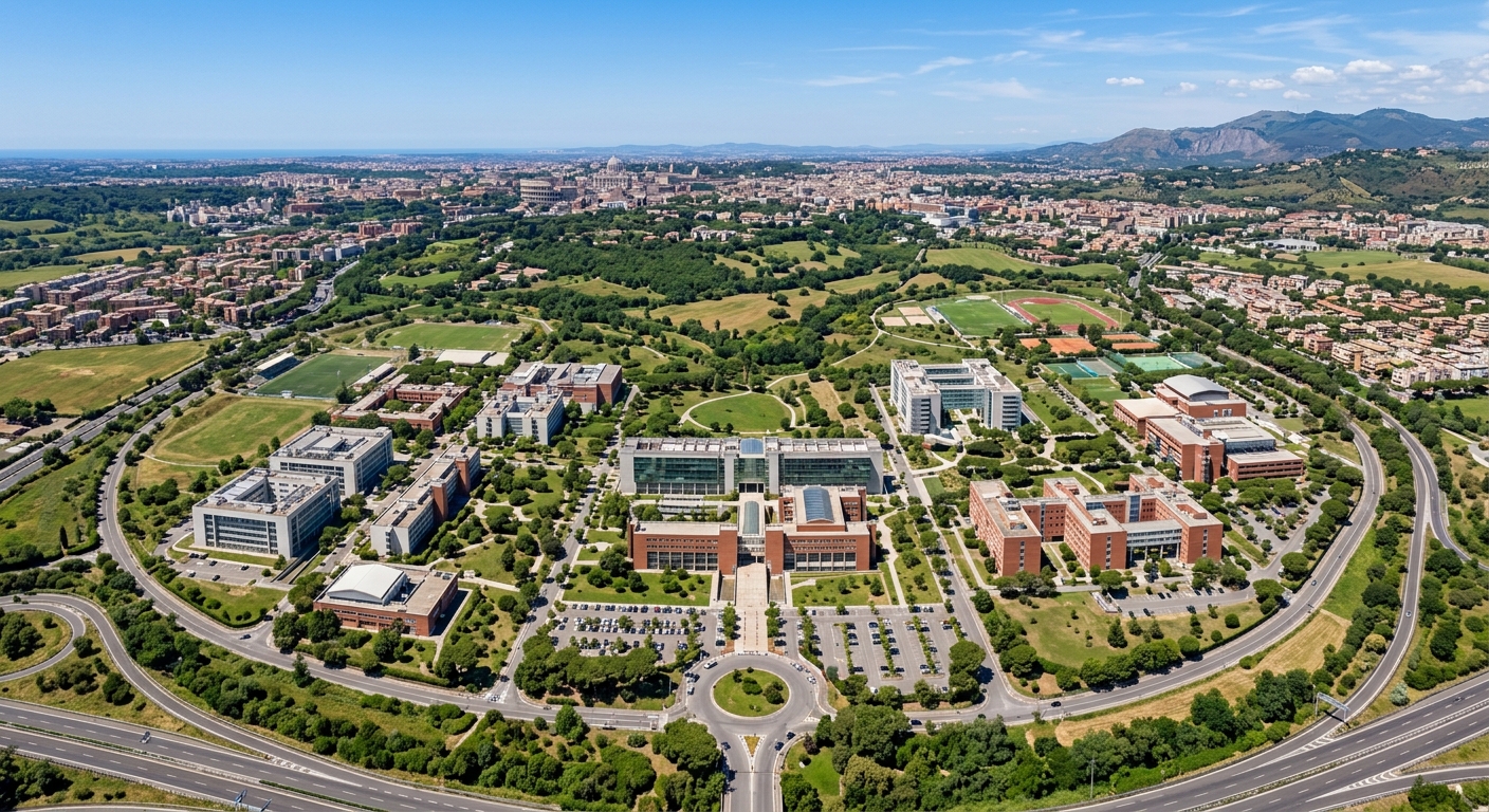Aerial view of University of Rome Tor Vergata expansive 600-hectare campus in southeastern Rome, modern university buildings surrounded by green Mediterranean landscape, clear blue Italian sky