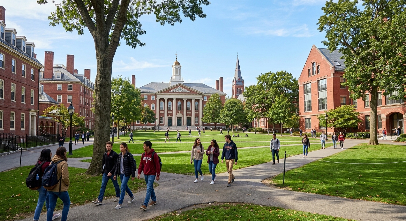 Harvard University campus with historic red brick buildings, green lawns, and the iconic Harvard Yard in Cambridge Massachusetts, students walking near science buildings under clear blue sky