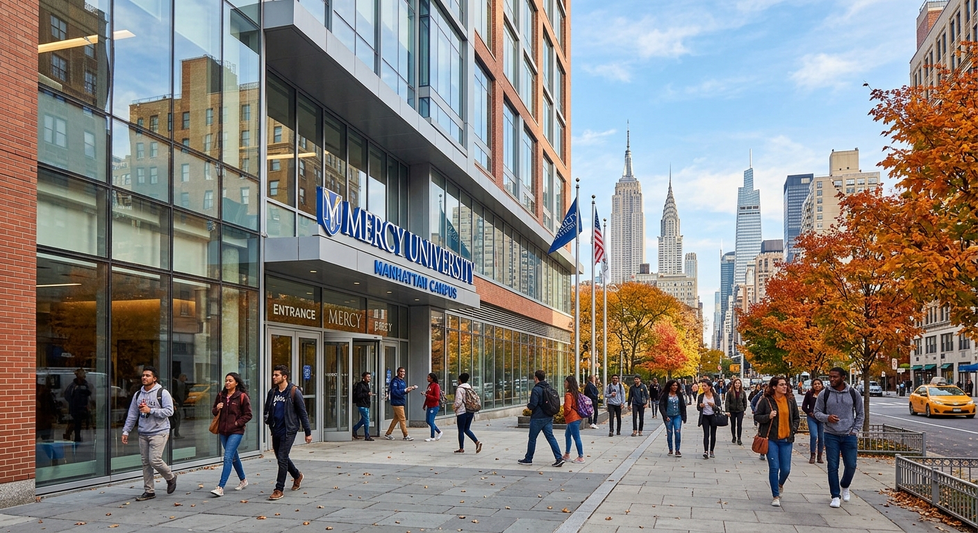 Mercy University Manhattan campus building exterior with New York City skyline in background, students walking on modern urban campus with glass facade, autumn trees lining the sidewalk