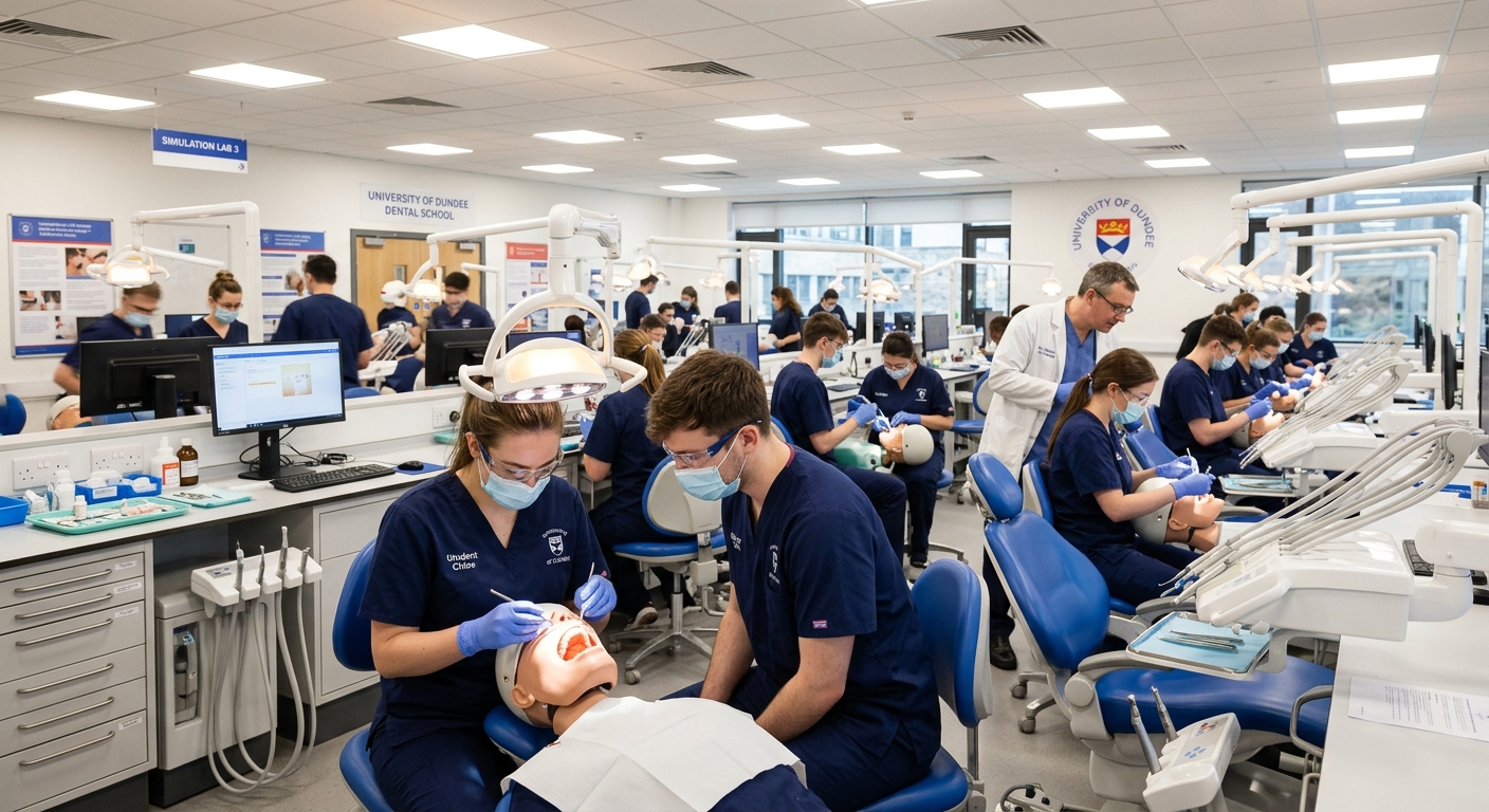 University of Dundee Dental School clinical training room with modern dental chairs, simulation equipment, and students practicing oral health procedures under bright overhead lighting
