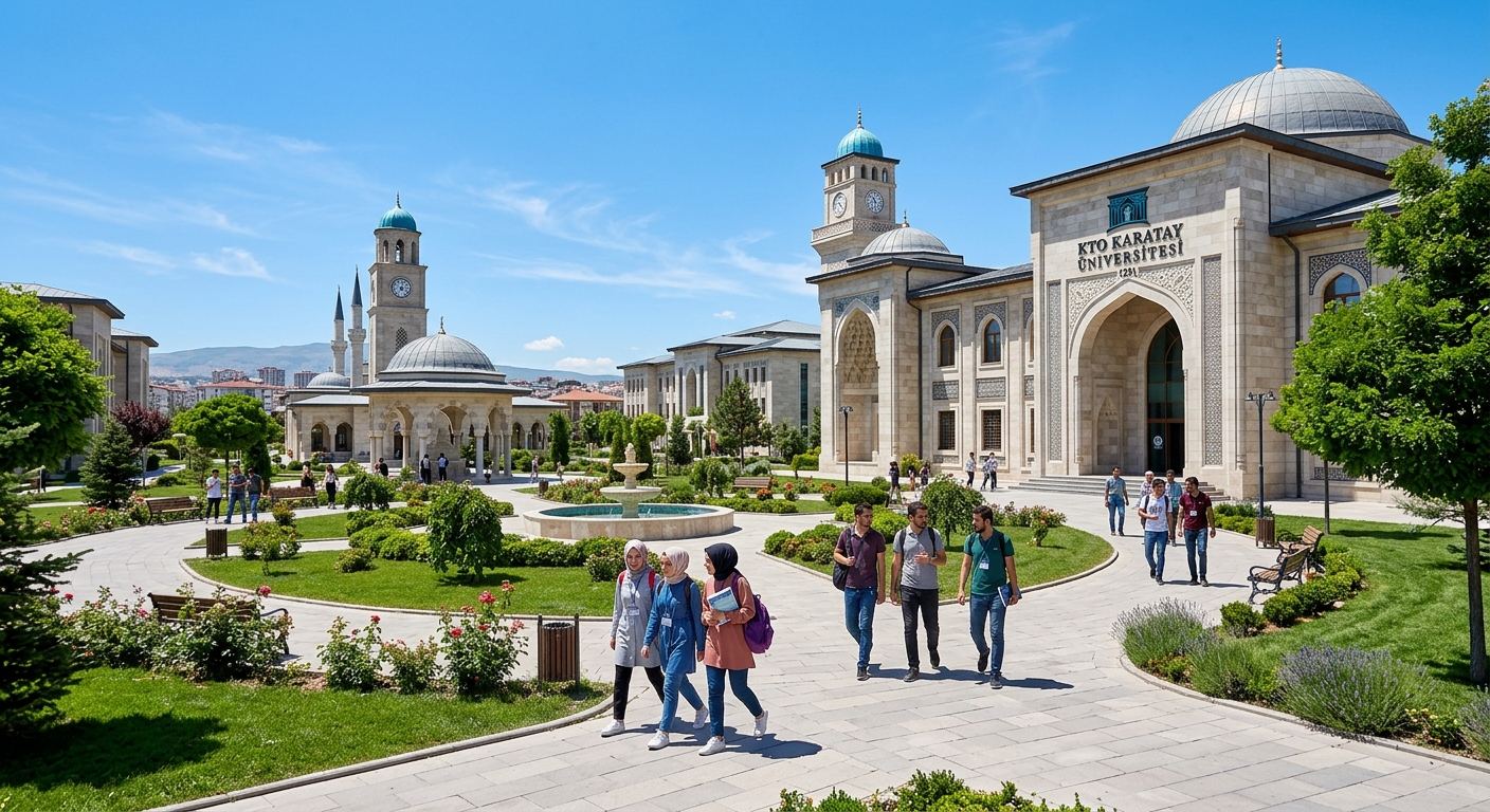 Modern KTO Karatay University campus in Konya Turkey with Ottoman-Seljuk inspired architecture, graduate students walking through courtyard, clear blue sky, green landscaped grounds