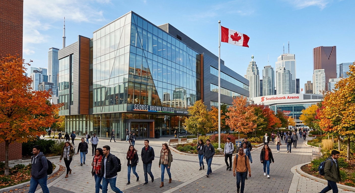 Modern polytechnic campus building in Toronto with glass facade, students walking on tree-lined pathways, Canadian flag visible, urban skyline in background, autumn foliage