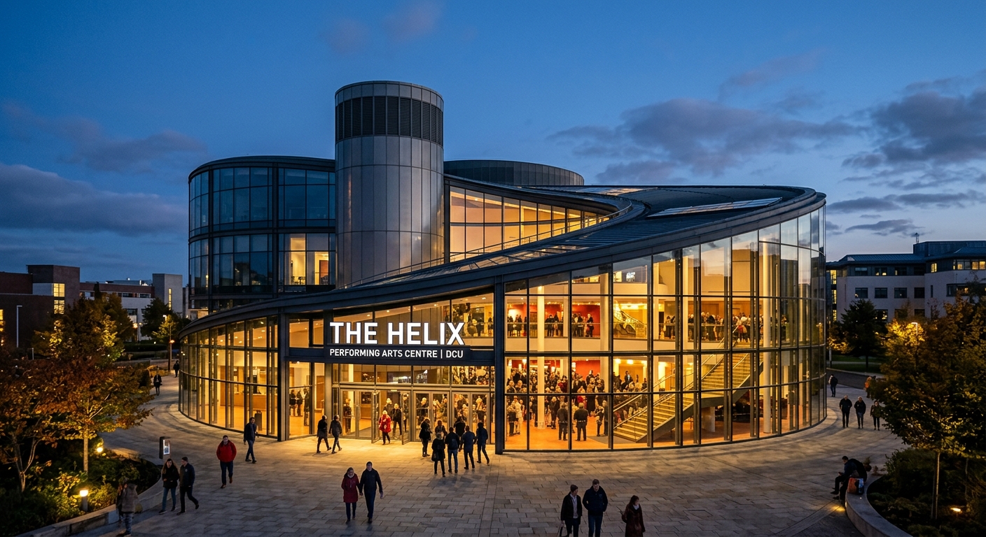 The Helix performing arts centre DCU, modern curved glass and steel architecture, illuminated entrance at dusk, contemporary design