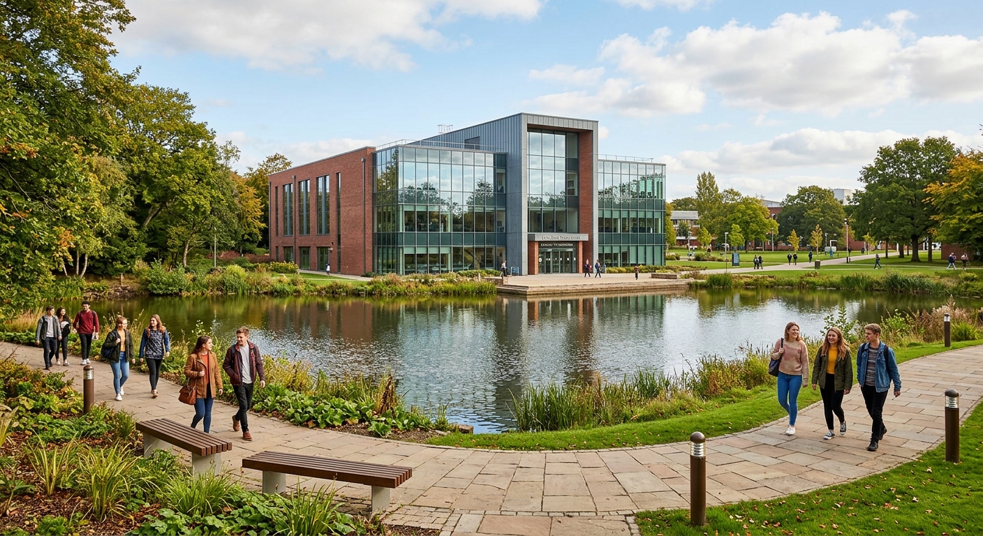 Edge Hill University Faculty of Education lakeside building surrounded by green campus landscape, modern architecture with large windows reflecting the lake, students walking along pathways in Ormskirk Lancashire England