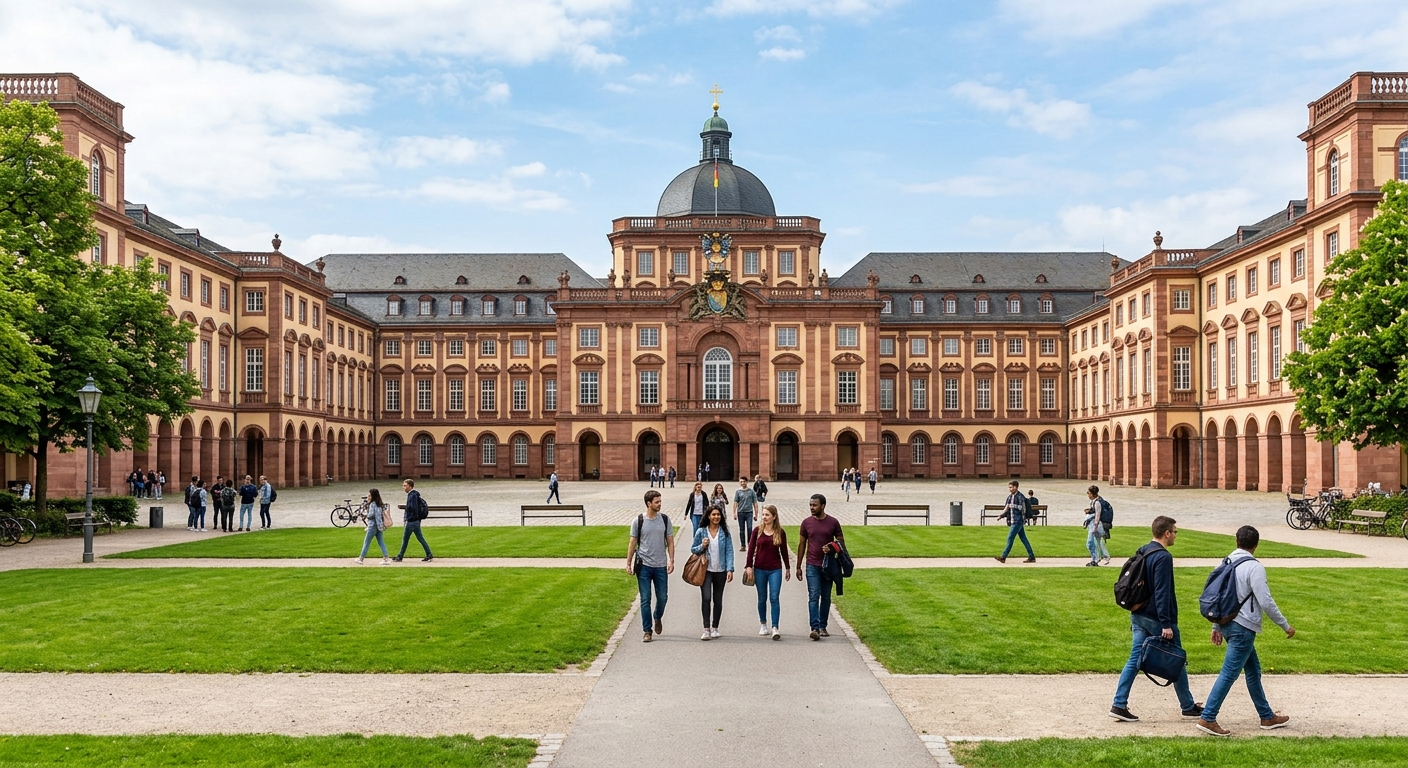 Mannheim Palace baroque facade with students walking through courtyard, historic sandstone architecture, green lawn in foreground, blue sky, University of Mannheim campus
