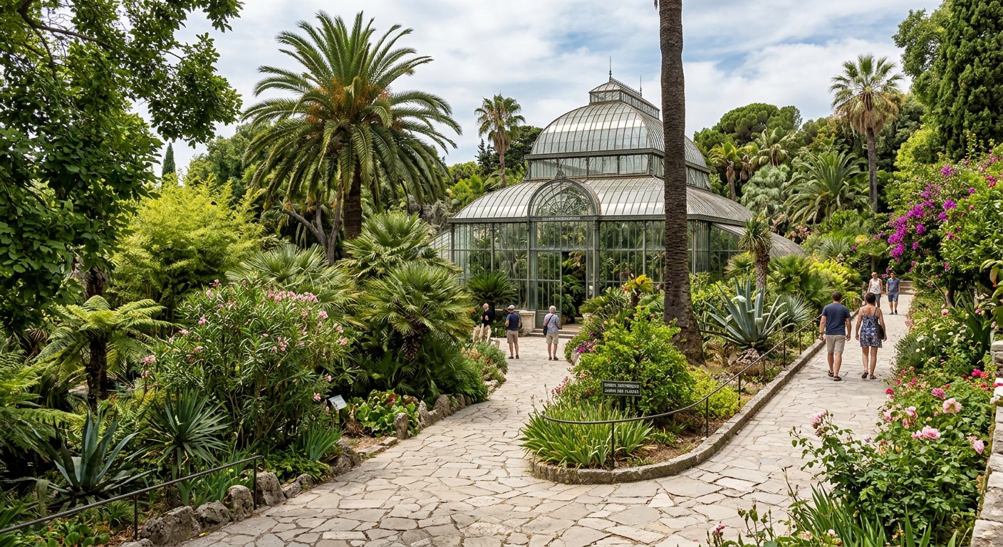 Jardin des Plantes de Montpellier, lush green botanical garden with exotic plants, stone pathways, and historic greenhouse structures