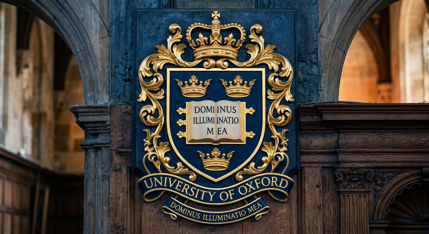 University of Oxford official coat of arms logo featuring an open book with the motto Dominus Illuminatio Mea surrounded by three crowns on a dark blue shield