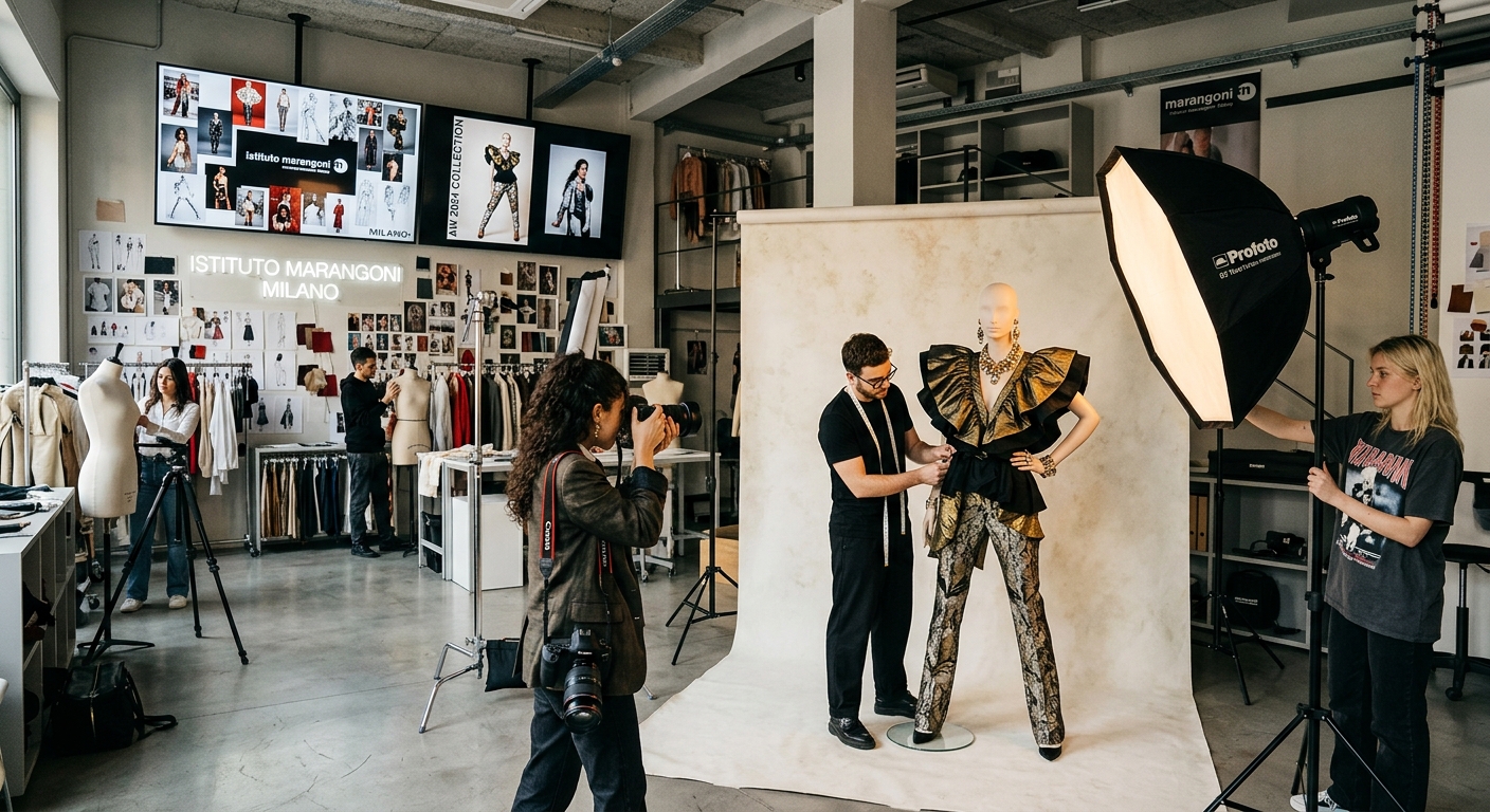 Stylish fashion photography studio at Istituto Marangoni Italy, students working on creative photo shoots with professional lighting, mannequins dressed in high-fashion garments, mood boards and multimedia screens in the background, contemporary Italian design interior