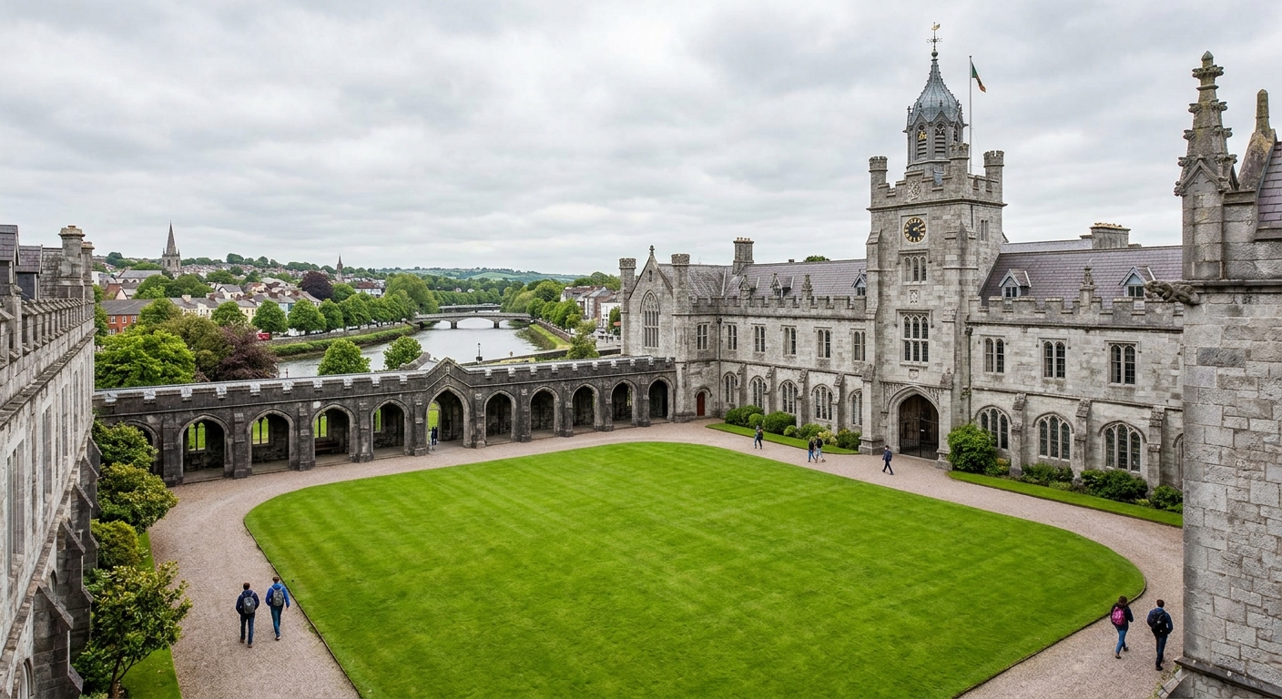 University College Cork main quadrangle with Gothic Revival limestone buildings, green manicured lawns, stone archways, and the River Lee visible in the background under soft Irish skies