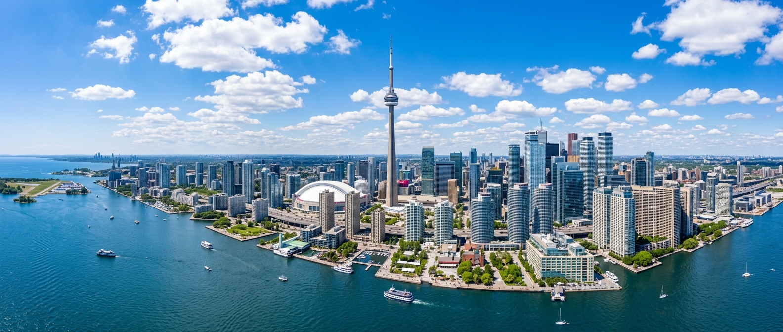 Toronto skyline panorama featuring the CN Tower, modern glass skyscrapers, Lake Ontario waterfront, urban greenery, clear day with blue sky