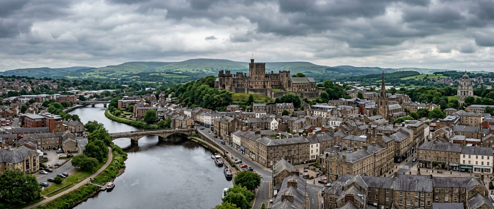 Lancaster city centre panoramic view, historic Lancaster Castle on the hilltop, River Lune winding through the city, Georgian architecture, green hills in the distance, moody English sky