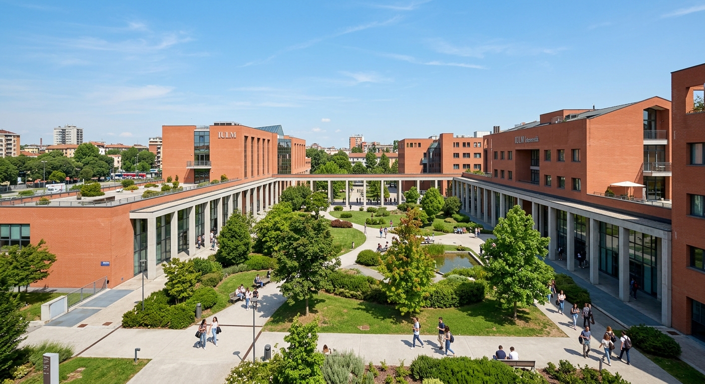 IULM University Milan campus wide shot, modern red-brick buildings with porticoed courtyard, landscaped gardens, contemporary architecture in Milanese urban setting, clear sky