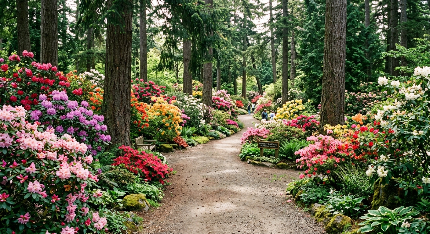 Finnerty Gardens at University of Victoria in spring bloom, colorful rhododendrons and azaleas along winding garden paths with tall Douglas fir trees