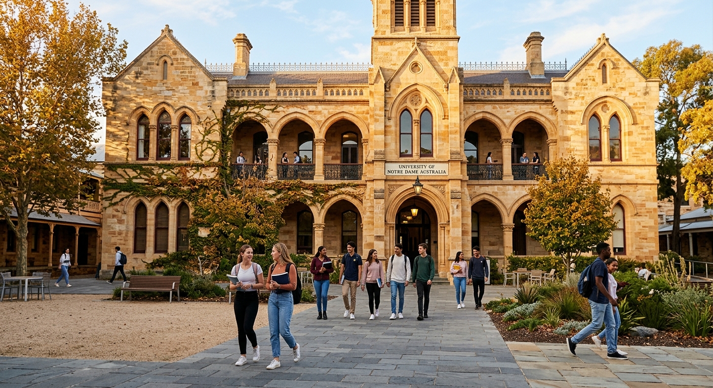 Historic sandstone university building at University of Notre Dame Australia Fremantle campus, heritage architecture with arched windows, students walking through courtyard, warm golden light, Australian setting