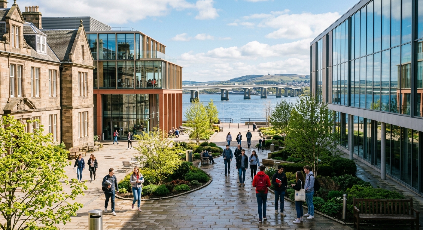 University of Dundee modern campus buildings along the River Tay in Scotland, with students walking through the courtyard on a sunny day, historic stone architecture blending with contemporary glass structures