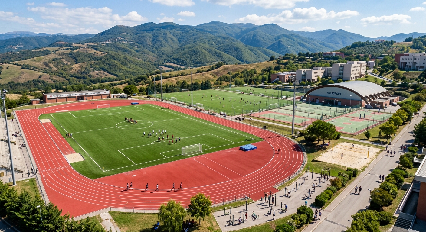 University of Calabria sports center and outdoor athletic facilities, running track, green playing fields, students exercising, Calabrian hills in the distance