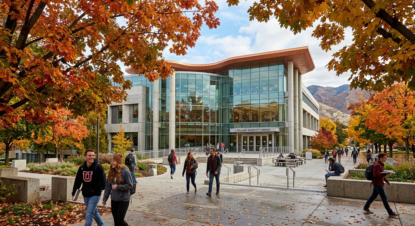 J. Willard Marriott Library at the University of Utah, modern glass and concrete building with students walking outside, autumn trees in foreground