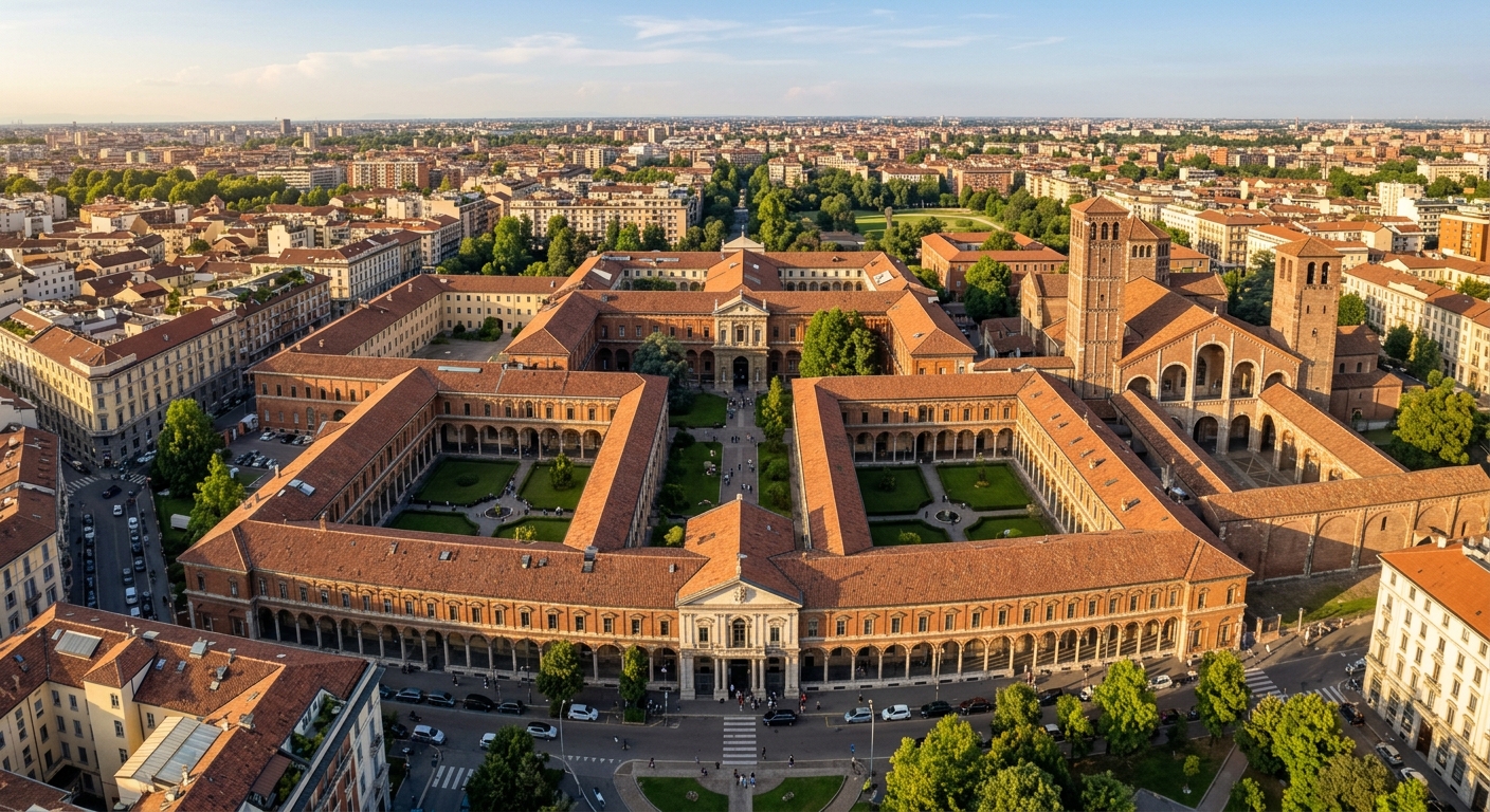 Aerial view of Università Cattolica del Sacro Cuore Milan campus, Renaissance cloisters designed by Bramante, historic monastery buildings surrounding courtyards, Basilica of Sant'Ambrogio nearby, warm Mediterranean sunlight