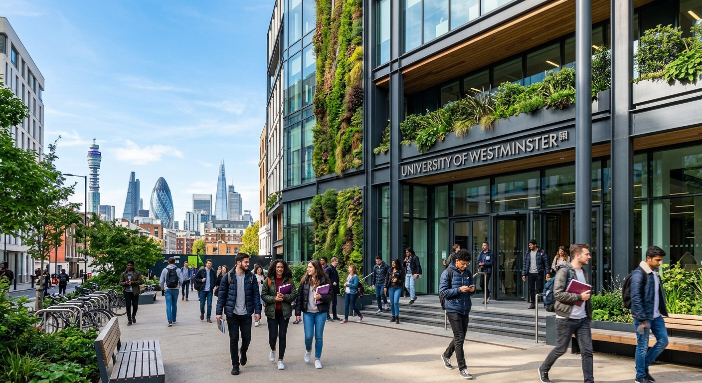 Modern Marylebone Campus building of the University of Westminster in central London, with students walking through the entrance area, green sustainable design elements visible, city skyline in the background under a clear sky