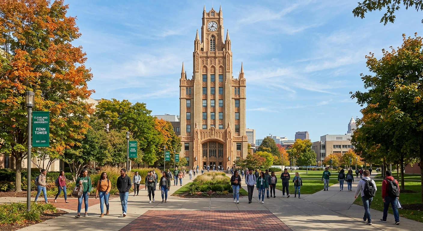 Historic Fenn Tower at Cleveland State University, Art Deco style building with ornate facade, students walking on campus paths