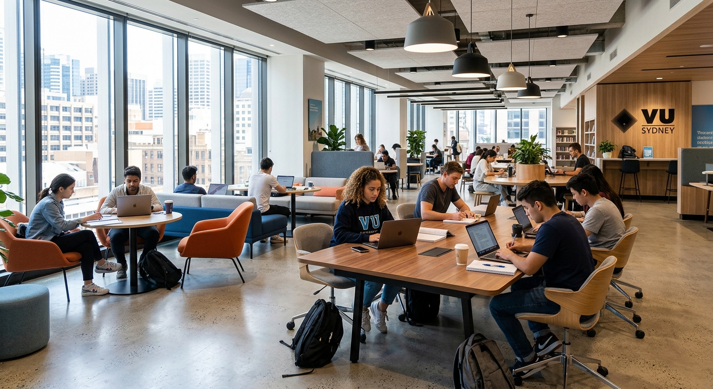 VU Sydney modern campus interior at 160 Sussex Street, open-plan study spaces with collaborative seating, natural light streaming through large windows, students working on laptops
