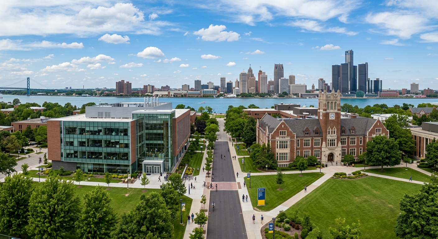 University of Windsor campus wide shot showing the Ed Lumley Centre for Engineering Innovation and historic Dillon Hall with the Detroit River and Detroit skyline visible in the background, blue sky with scattered clouds, green lawns and tree-lined walkways