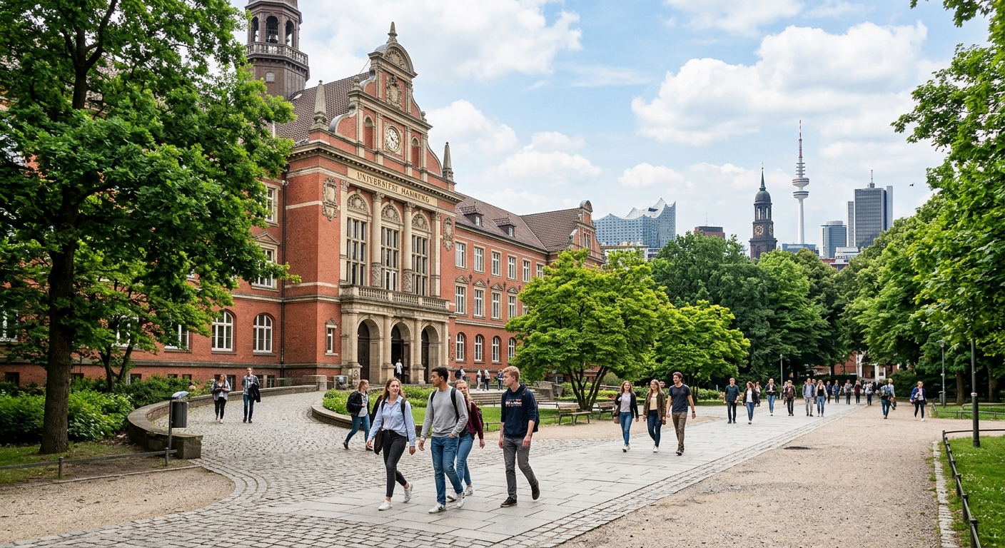 University of Hamburg main building with red brick facade, students walking through the campus courtyard, green trees lining the pathway, modern city of Hamburg visible in the background