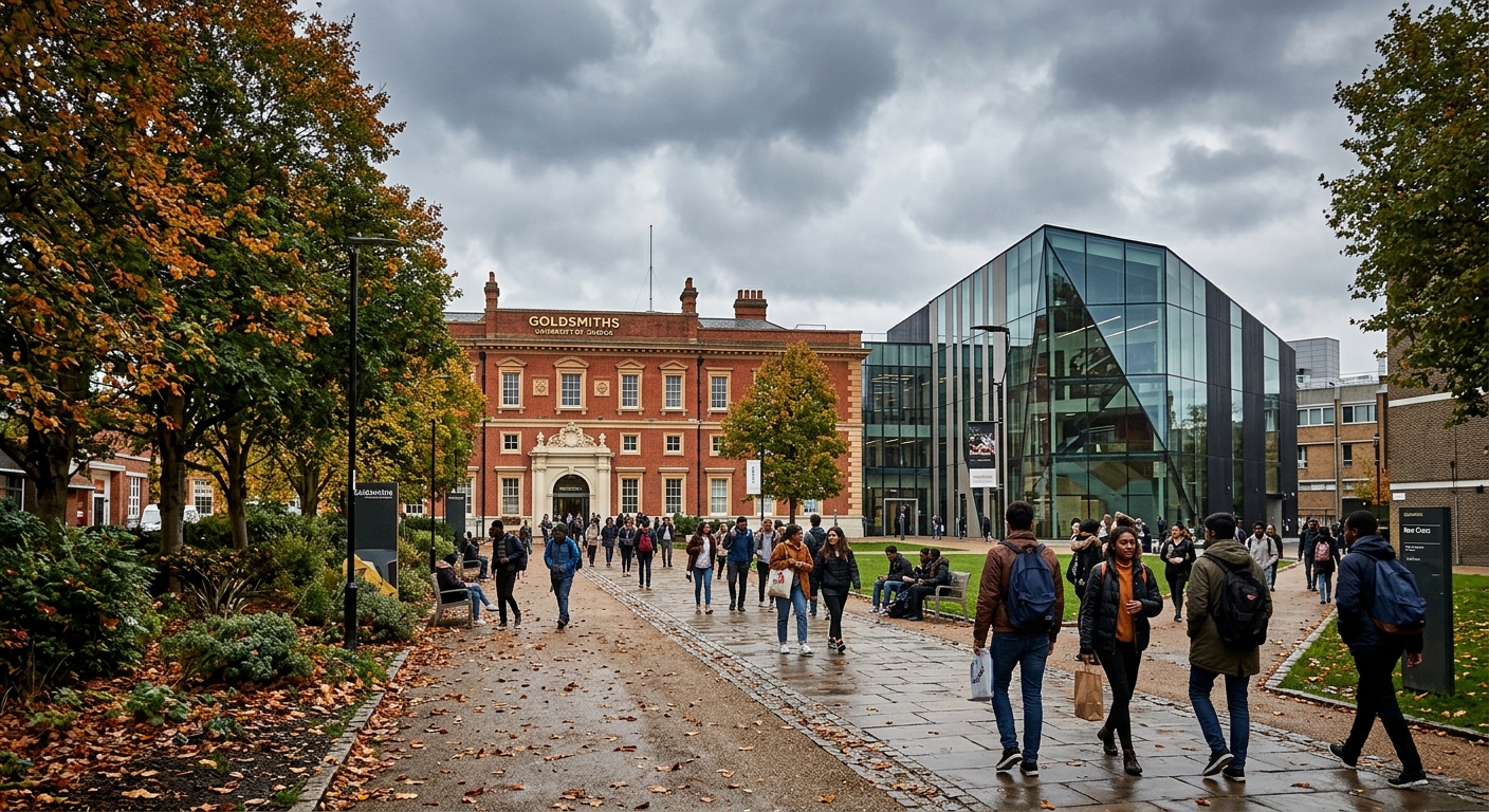 Goldsmiths University of London campus in New Cross, South East London, historic red-brick buildings with modern additions, students walking through tree-lined pathways, overcast British sky