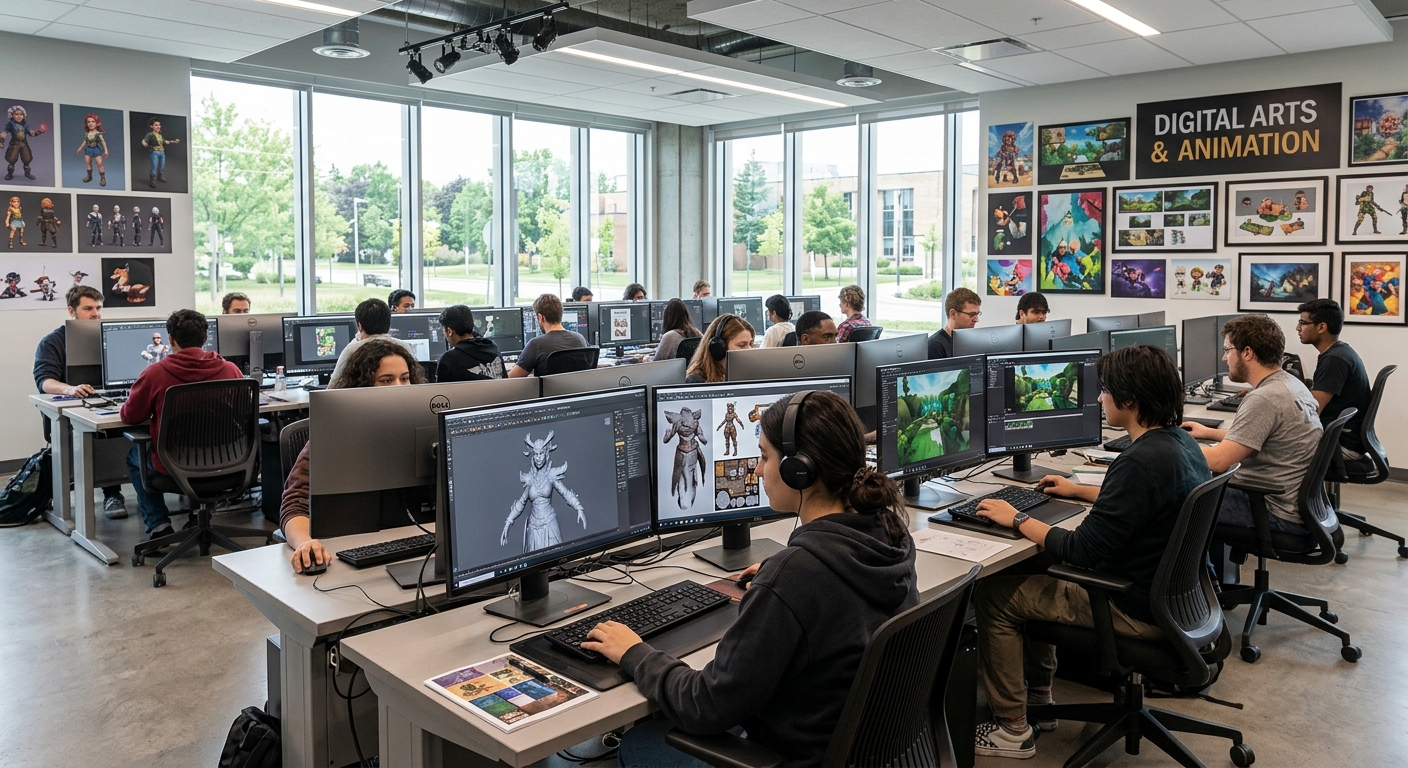 Modern digital arts lab at Conestoga College Kitchener campus, students working on 3D character models and game environments on dual-monitor workstations, colorful concept art displayed on walls, natural light from large windows